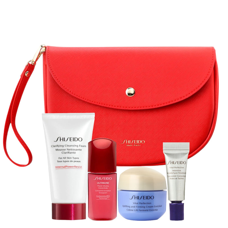 Shiseido Ultimune Vital Perfection Travel Set with Red Cosmetic Handbag - 5 Piece Set