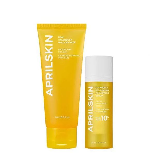 APRILSKIN Calendula 10% PHA+AHA Resurfacing Serum 30ml +  Real Calendula Peel Off Pack  100g